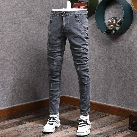 Men Jeans Retro Stretch Slim Ripped Jeans - Eklat